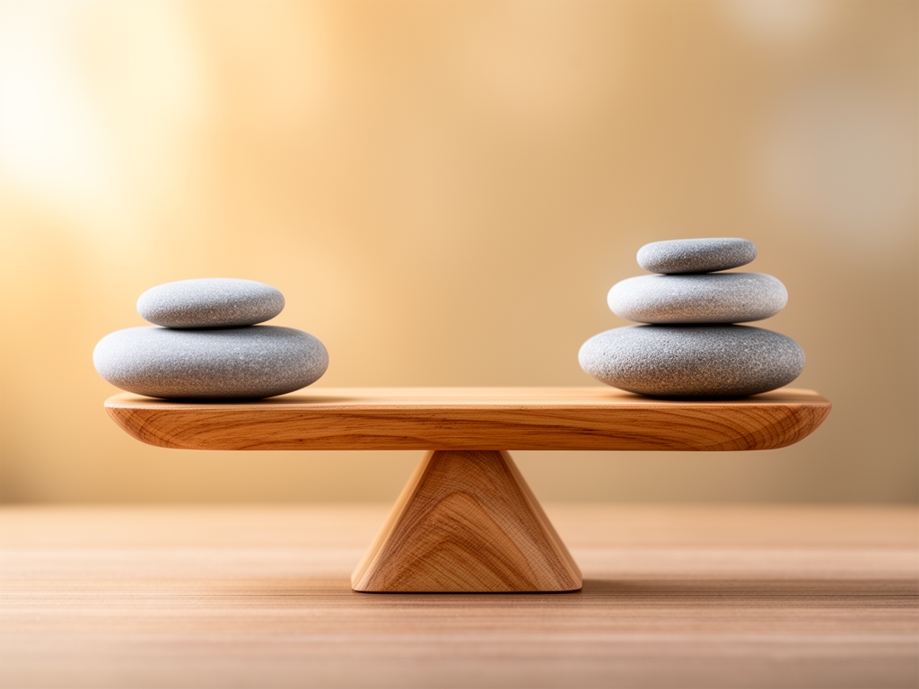 Balanza de madera natural en equilibrio con piedras lisas a cada lado, sobre fondo de luz suave y cálida, simbolizando equilibrio y armonía fisiológica