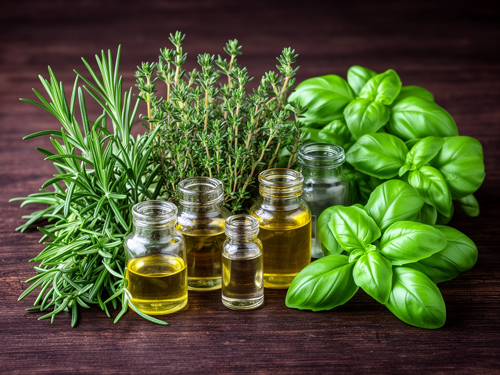 Variedad de hierbas aromáticas frescas como romero, tomillo y albahaca junto a extractos naturales en pequeños frascos de vidrio sobre fondo de madera oscura