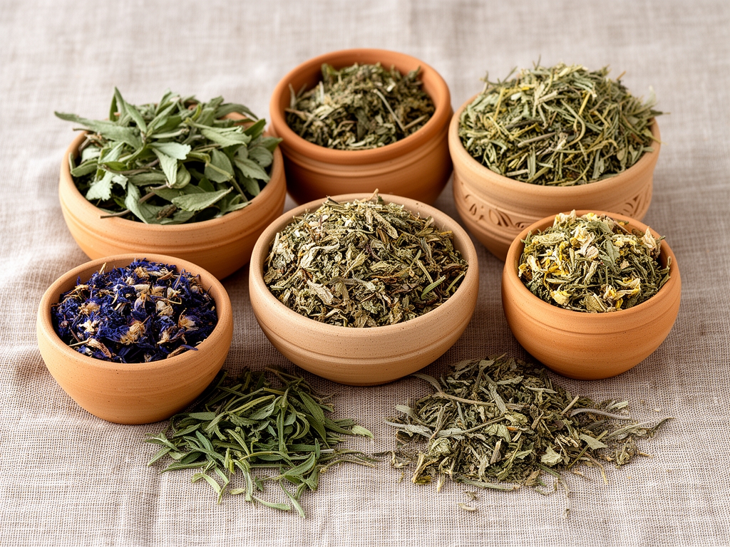 Variedad de plantas medicinales secas y frescas en recipientes de cerámica natural sobre fondo de tela de lino, evocando tradición botánica y conocimiento herbal