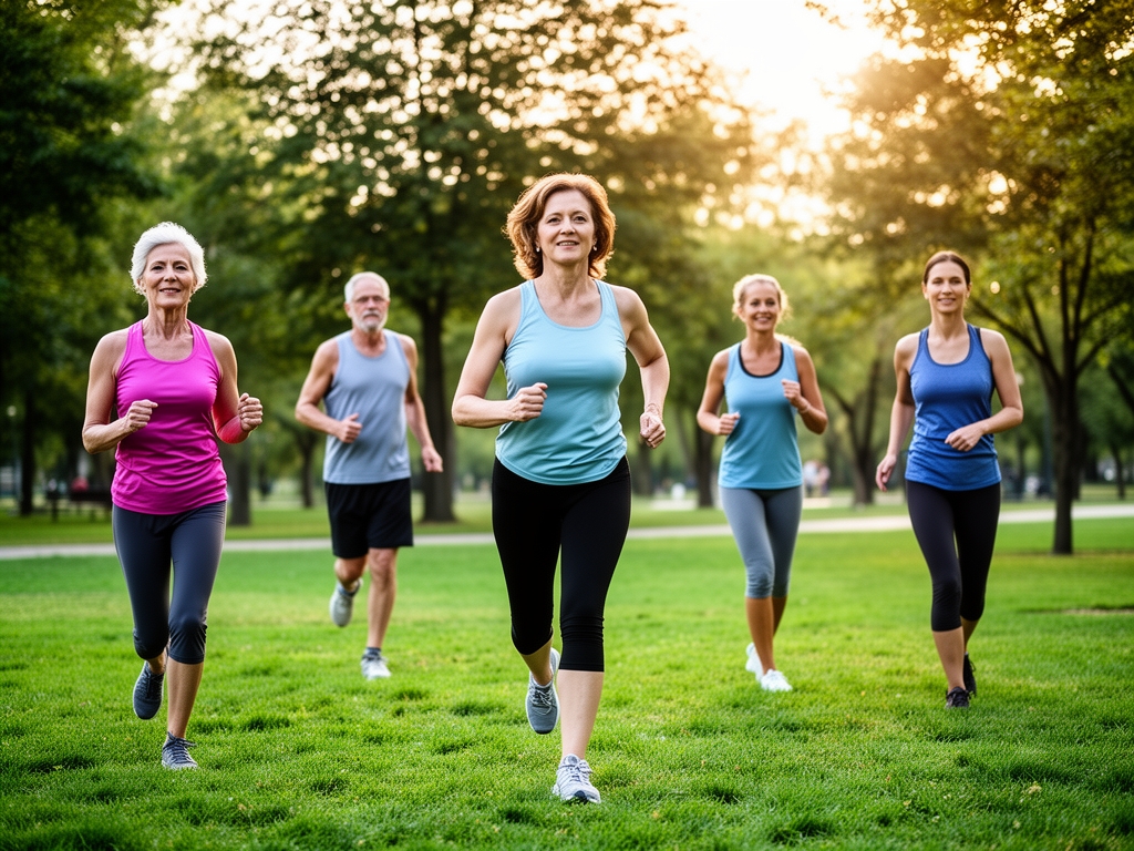Grupo de personas adultas realizando actividad física ligera al aire libre en parque verde con luz de tarde, representando estilos de vida activos y saludables